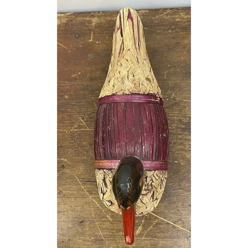 Hand Carved Wood Duck Figurine Rustic Corn Husk Farmhouse‎ Decor Folk Art 11